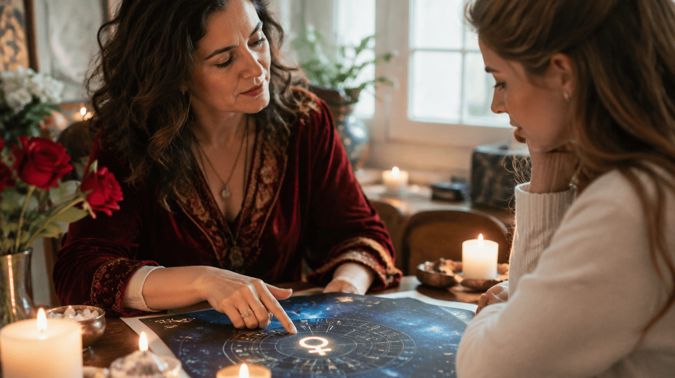 Astróloga a mostrar a uma consulente a posição de Vénus num mapa astral iluminado