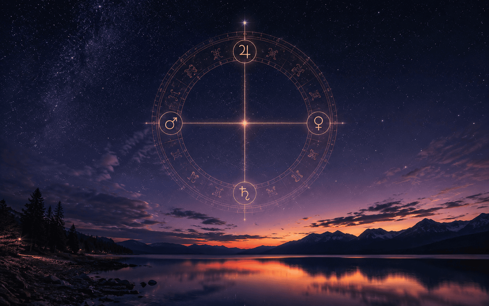 Cruz dourada de quatro planetas em quadratura formando a configuração da Grande Cruz no mapa astral