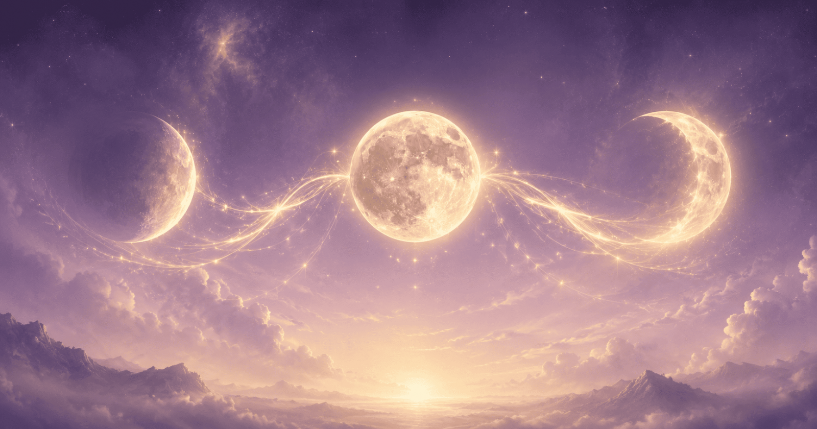 Três fases da lua representando as modalidades cardinal, fixo e mutável na astrologia
