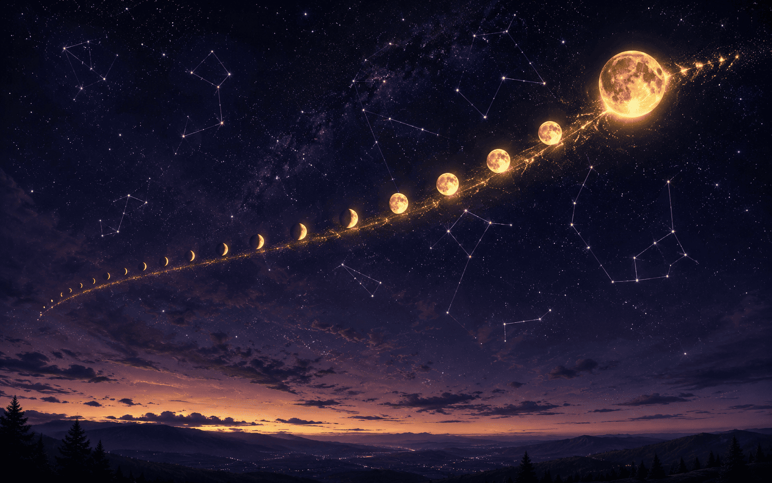 A Lua dourada em movimento pelo zod�aco, representando o papel da Lua como cossignificadora universal na astrologia hor�ria