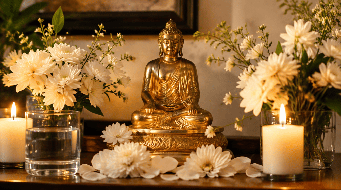 Altar simples e respeitoso dedicado aos Orixás com flores brancas e água, simbolizando a devoção quotidiana
