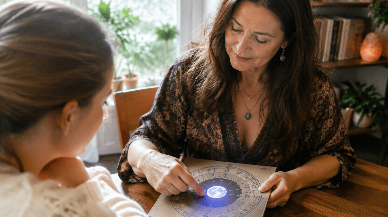Astrólogo a mostrar a uma pessoa a posição da Lua no seu mapa astral iluminado