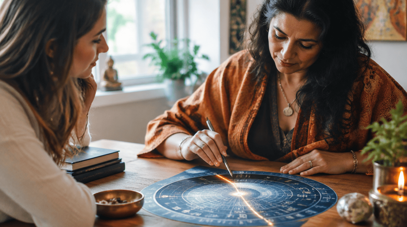 Astr�loga a analisar um mapa astral com o eixo nodal iluminado, ao lado de uma pessoa atenta