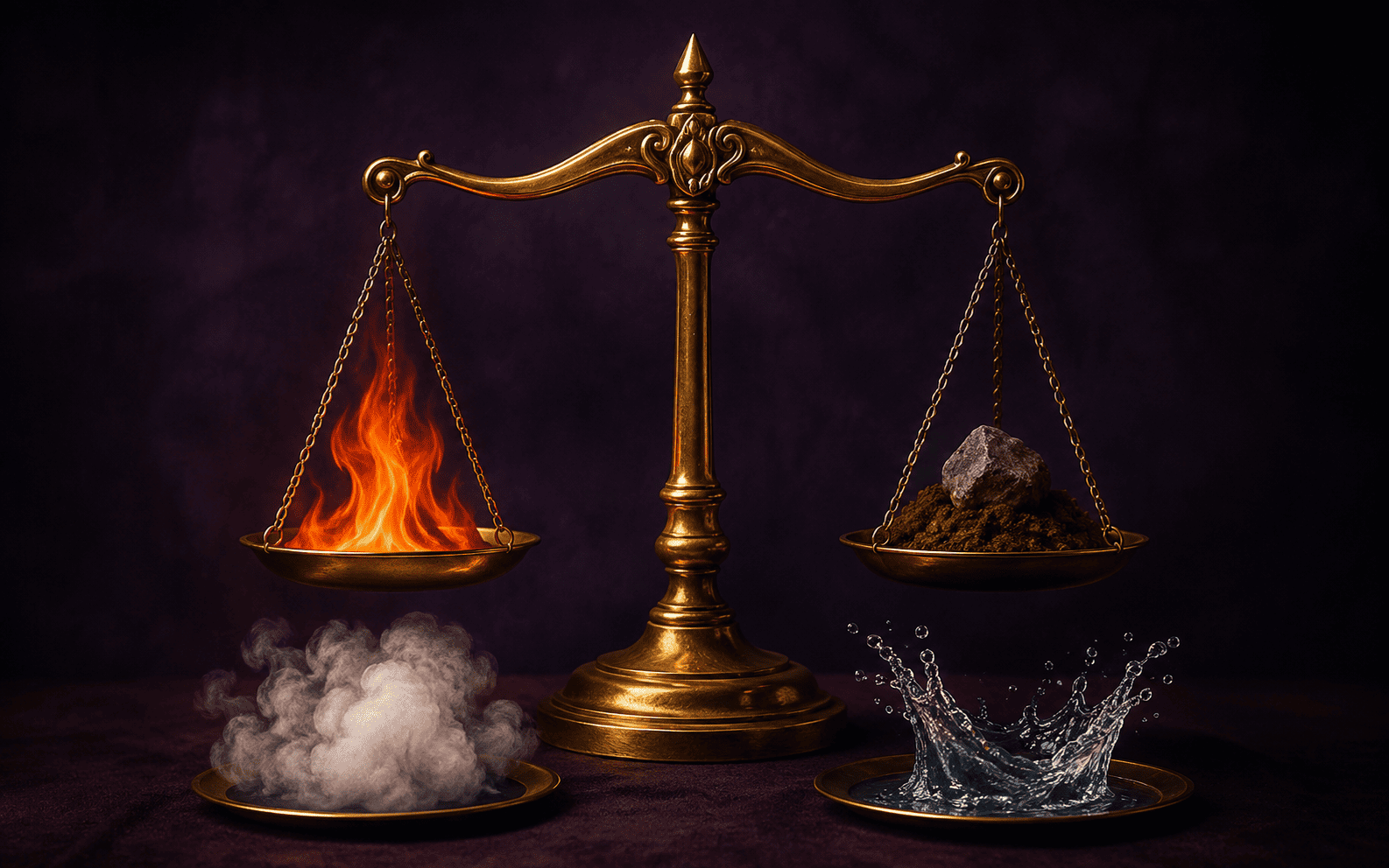 Balança dourada equilibrando símbolos de fogo, terra, ar e água