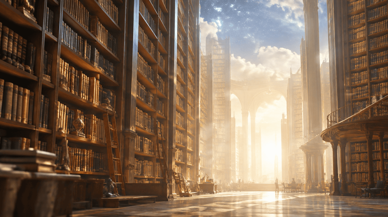 Biblioteca luminosa e infinita flutuando no espa�o, simbolizando os registos ak�shicos