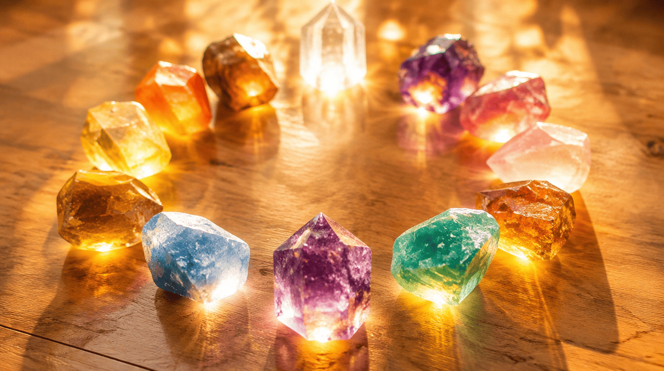 Coleção de cristais coloridos dispostos em círculo com luz dourada a emanar de cada um, simbolizando o equilíbrio energético