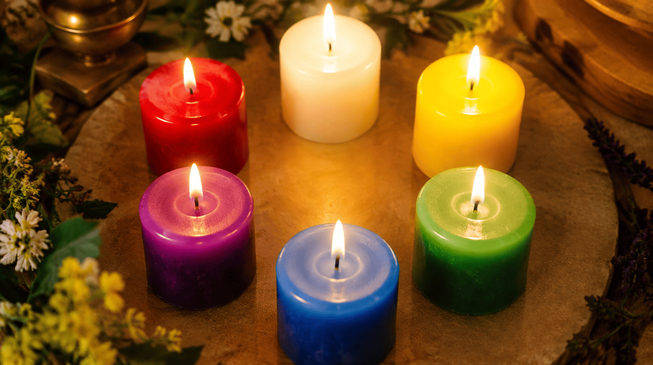 Conjunto de velas coloridas dispostas em círculo, cada uma representando um propósito espiritual distinto