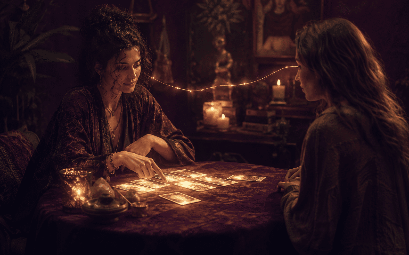 Consulente e especialista de tarot ligados por um fio de luz dourada durante uma consulta, simbolizando a escolha certa de especialista