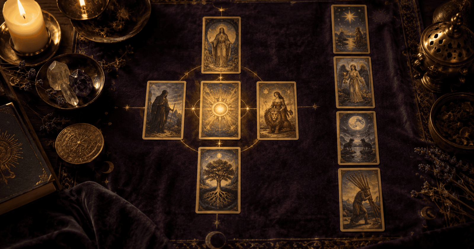 Dez cartas de tarot dispostas em formato de cruz e coluna dourada, representando a tiragem da Cruz Celta