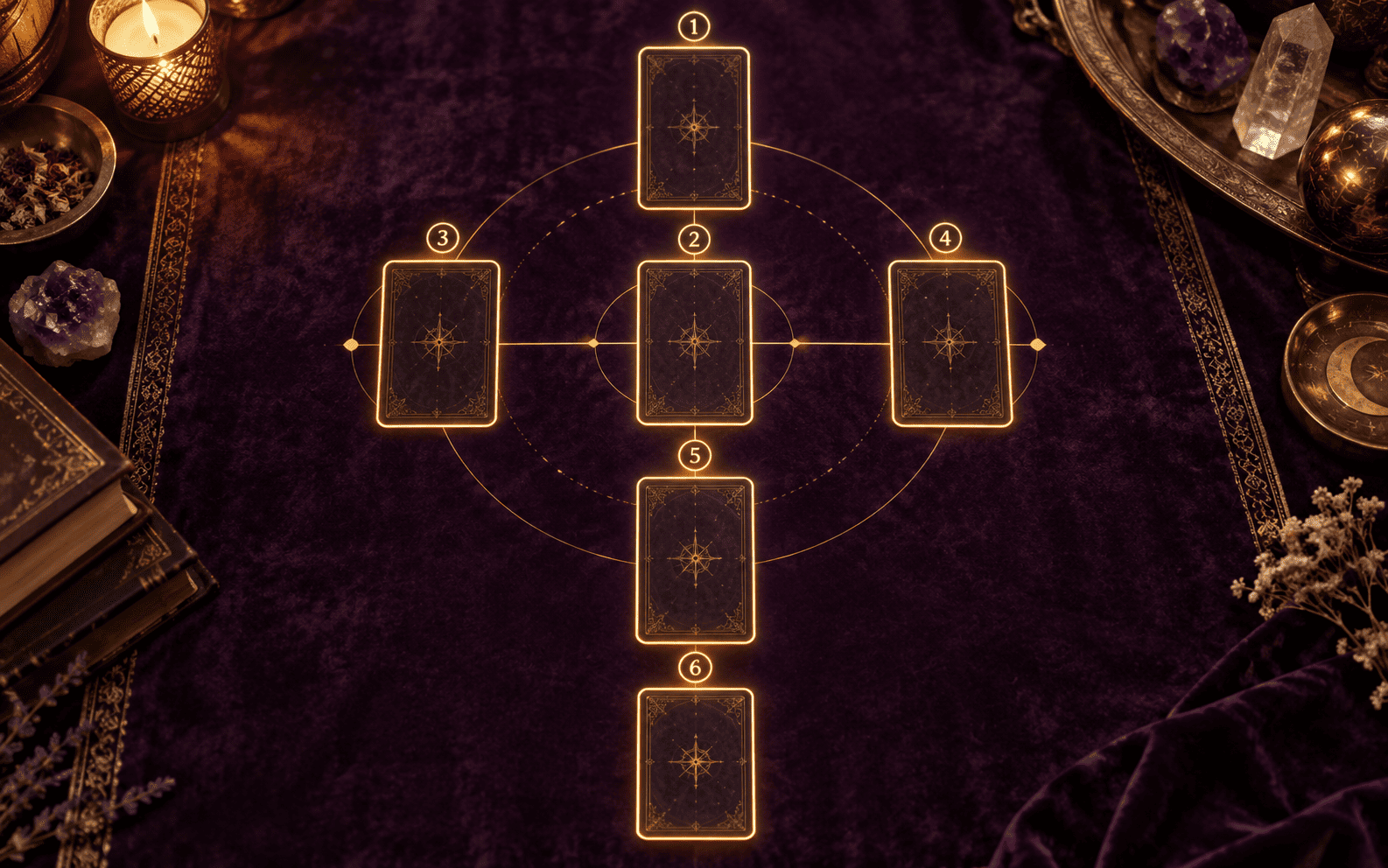 Diagrama luminoso mostrando as seis posições da Cruz central na tiragem de tarot