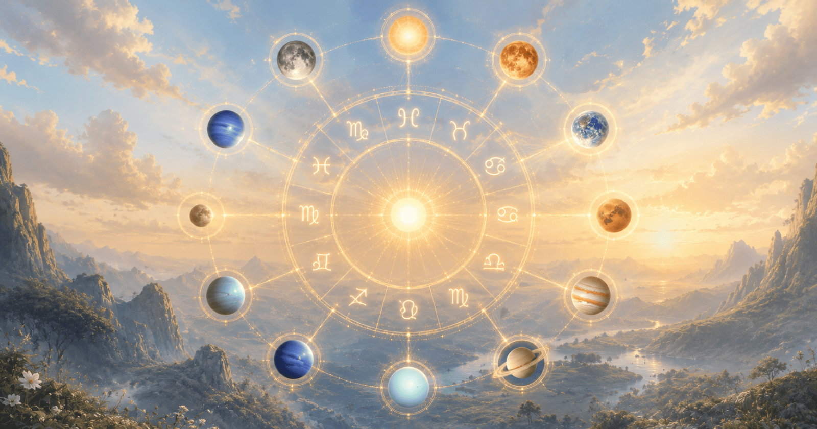 Doze símbolos planetários dispostos em círculo, cada um ligado ao signo que rege na astrologia