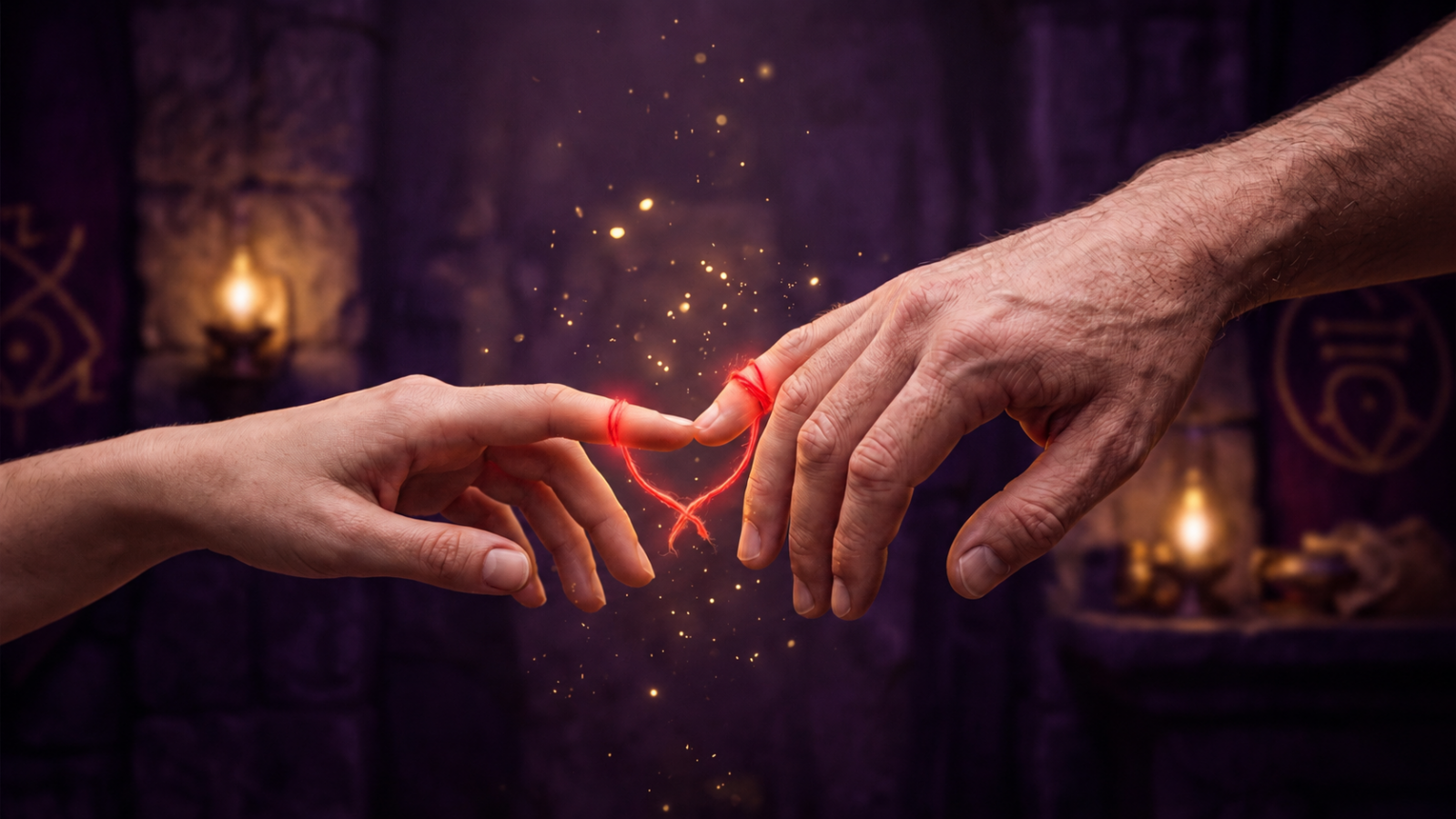 Duas mãos unidas por um fio vermelho no dedo mindinho, símbolo do karma no amor e da lenda do fio do destino