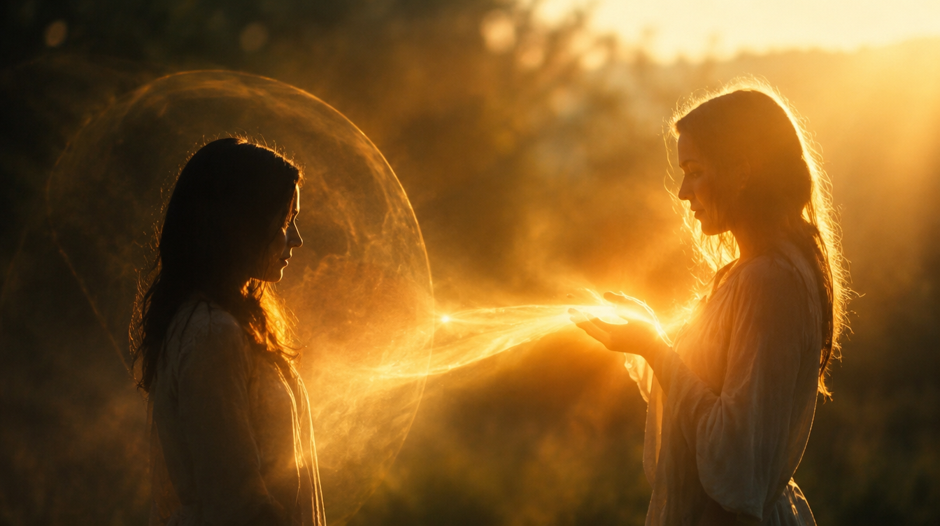 Duas silhuetas frente a frente, uma com a luz dourada a esvair-se em direção à outra, simbolizando uma relação que drena energia