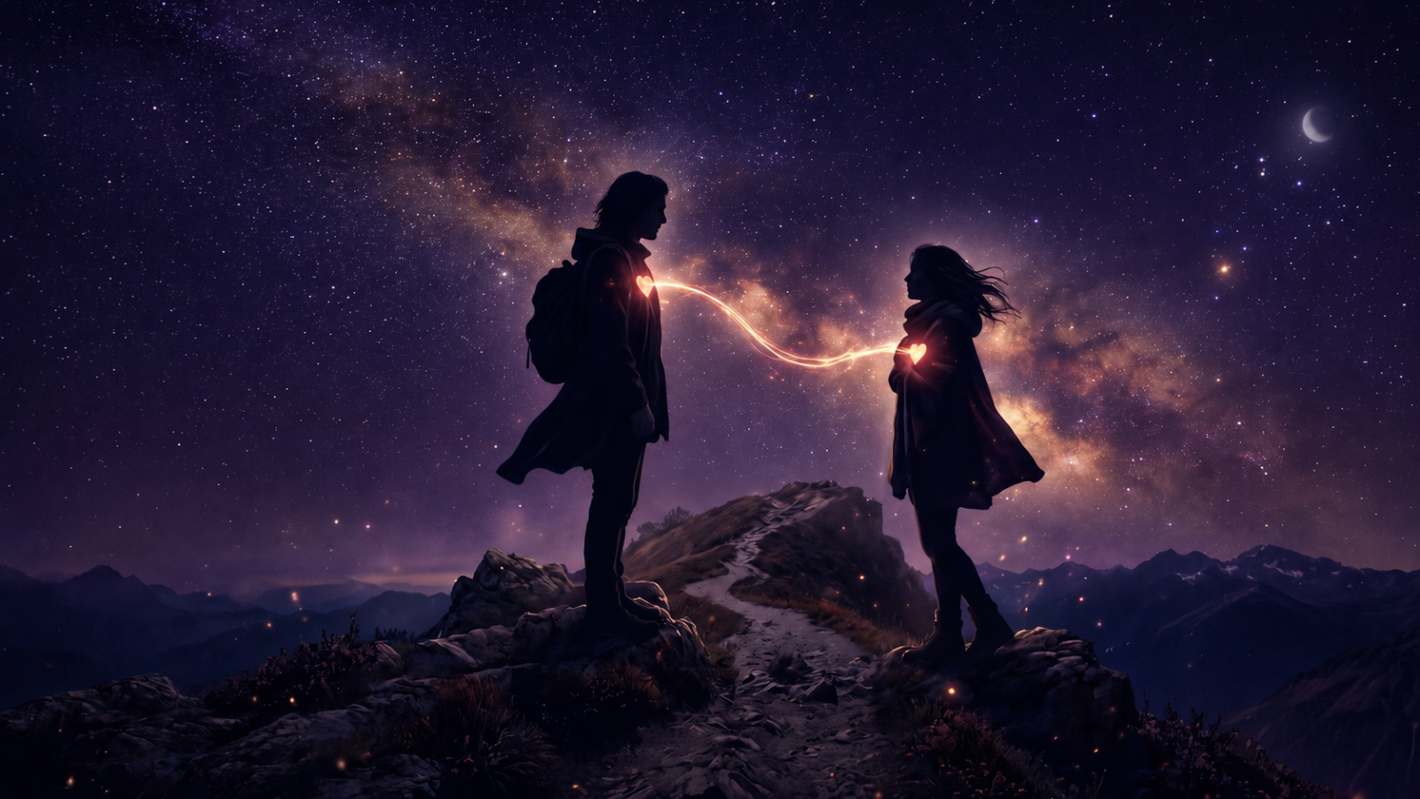 Duas silhuetas ligadas por um fio dourado de luz, simbolizando o karma no amor e uma ligação de destino
