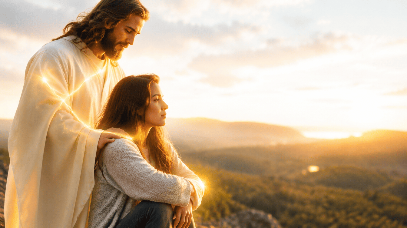 Figura luminosa e serena ao lado de uma pessoa em recolhimento, simbolizando a presen�a de um guia espiritual