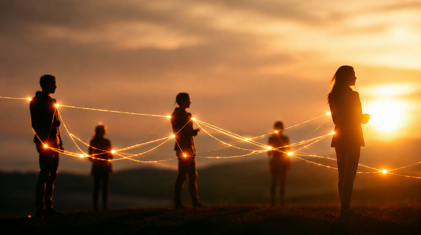 Fios de luz dourada a ligar várias pessoas, alguns equilibrados e outros a puxar energia num só sentido