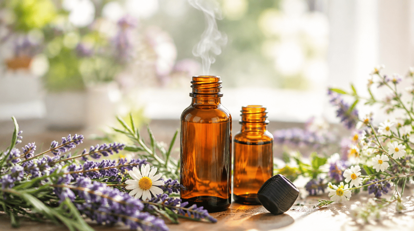 Frascos de óleos essenciais em vidro âmbar rodeados de lavanda, alecrim e flores, com vapor aromático suave