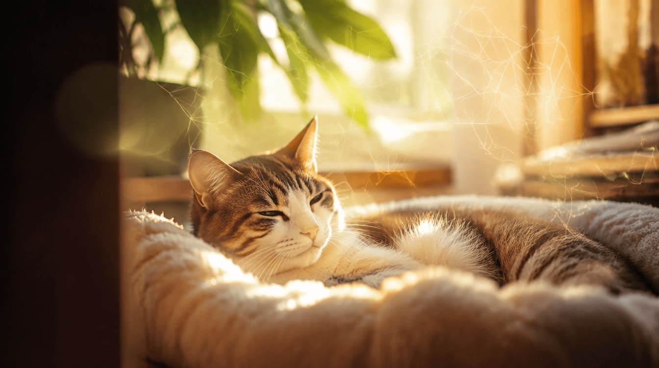 Gato tranquilo a descansar numa casa iluminada, rodeado por uma luz dourada suave que simboliza o trabalho energético à distância