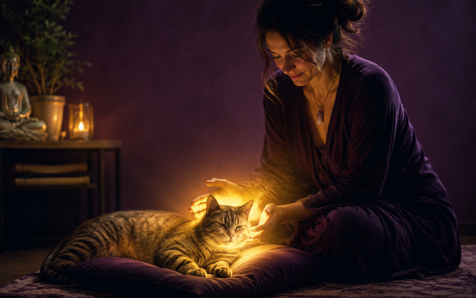 Gato tranquilo a ronronar enquanto recebe energia de reiki de uma pessoa sentada ao seu lado