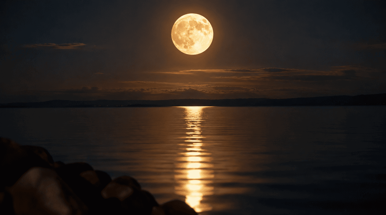 Lua cheia luminosa refletida numa água calma, simbolizando o mundo emocional representado pela Lua natal