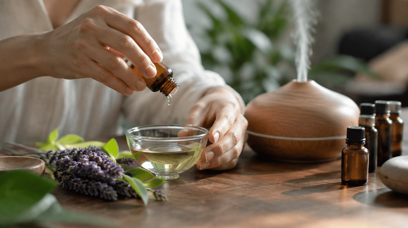 Mãos a diluir gotas de óleo essencial numa taça com óleo vegetal, ao lado de um difusor aromático