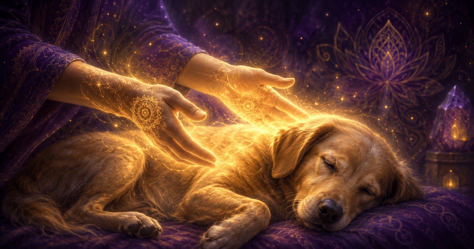 M�os em concha emitindo luz dourada suave sobre um c�o tranquilo, simbolizando uma sess�o de reiki para animais |