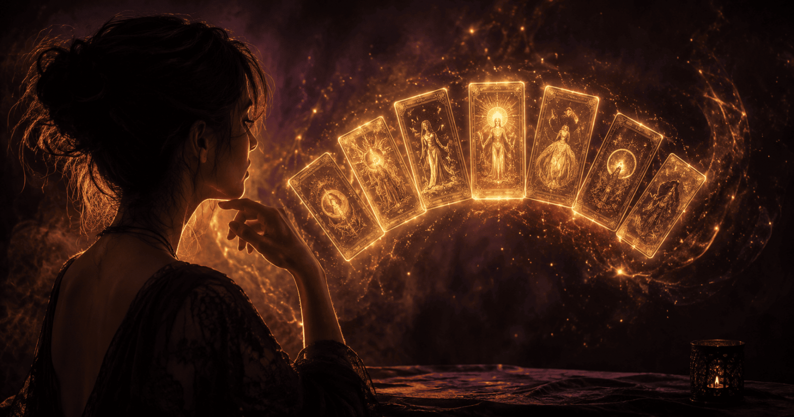 Mulher a escolher entre v�rias cartas de tarot iluminadas, simbolizando a escolha de um especialista de tarot 