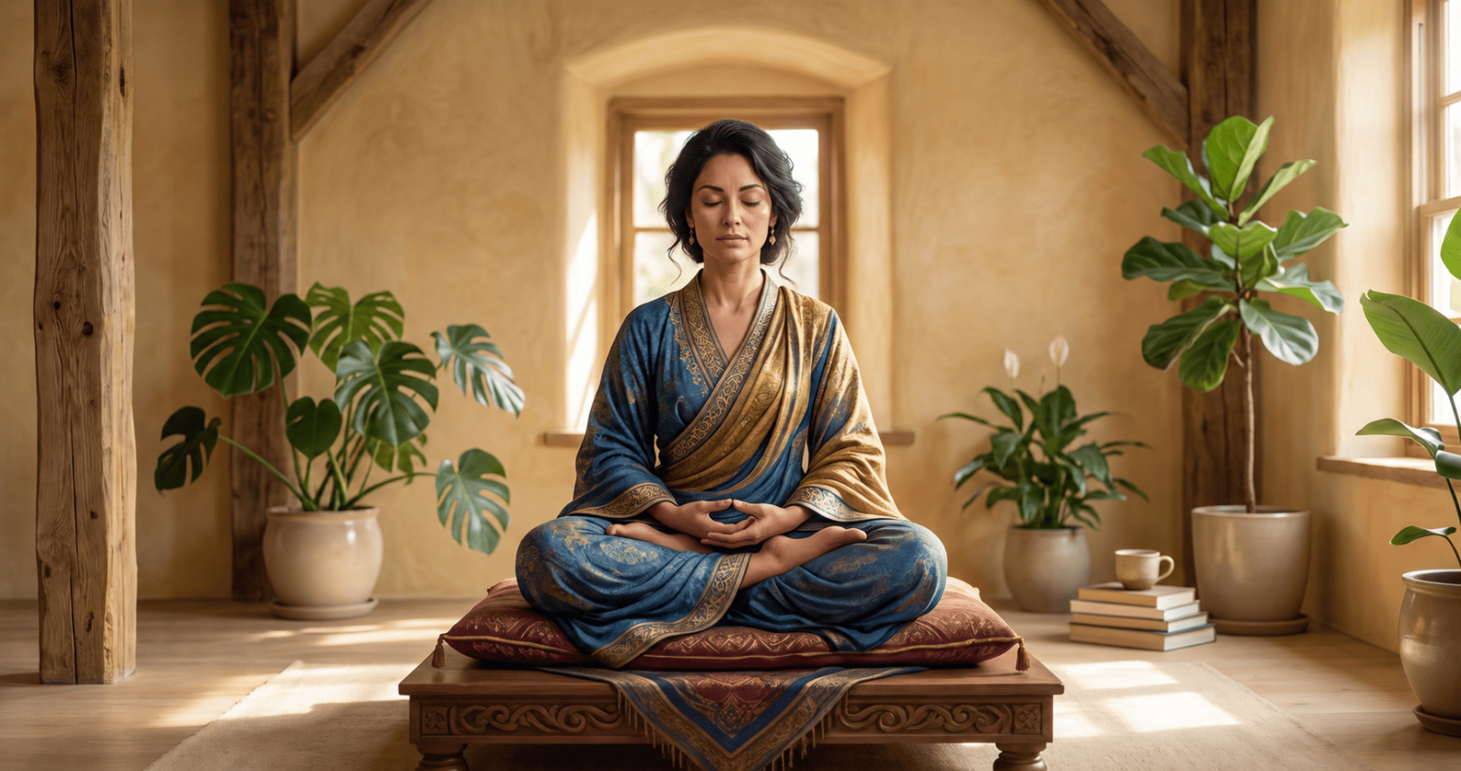 Mulher em meditação com olhos fechados e campo energético de luz dourada em expansão ao redor