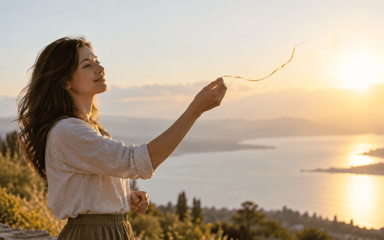 Pessoa a libertar suavemente um fio dourado antigo, simbolizando a transcendência consciente de um contrato de alma já cumprido