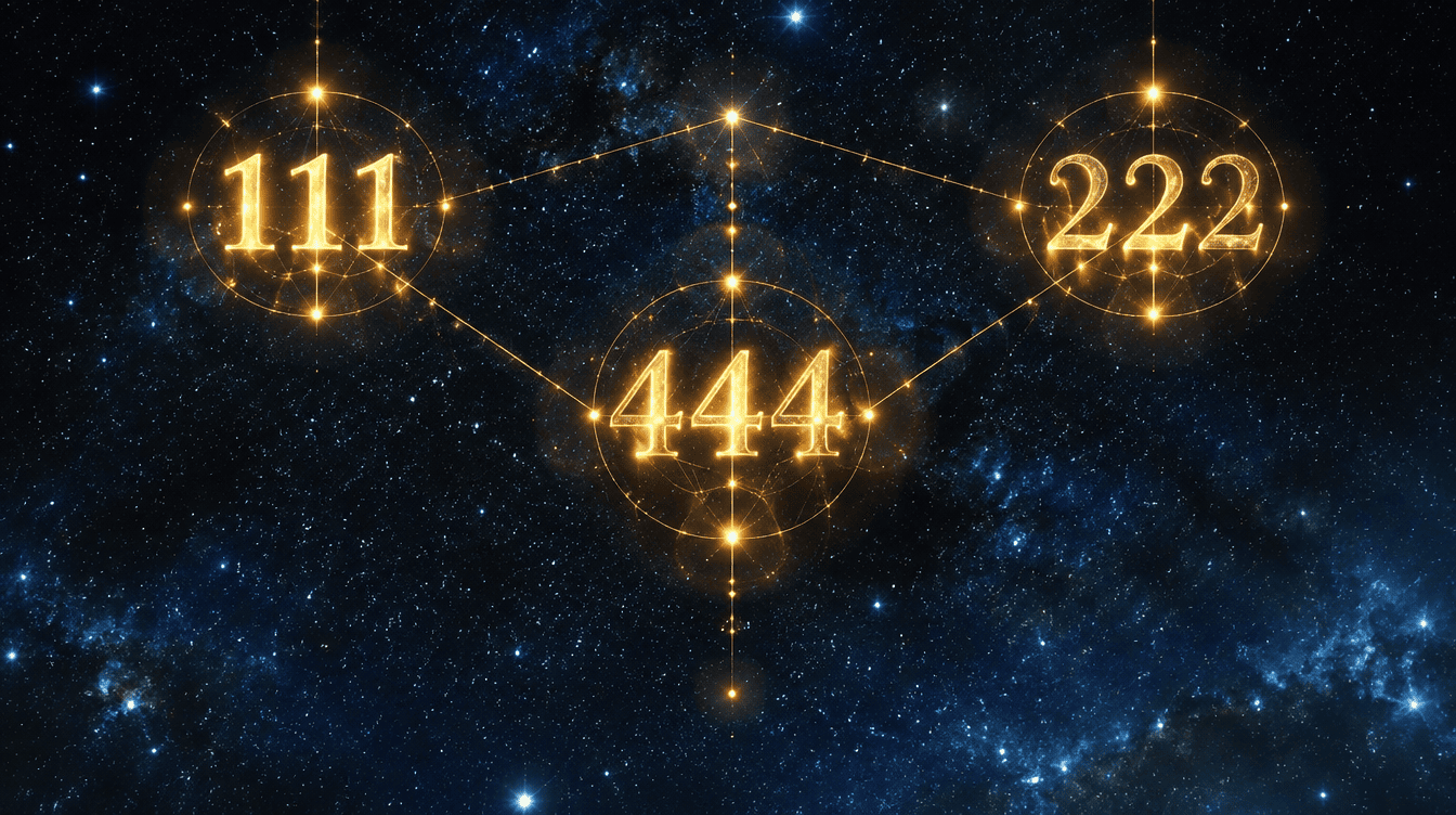 Números 11, 22 e 33 em dourado a brilhar sobre um fundo estrelado roxo, simbolizando os números mestres da numerologia