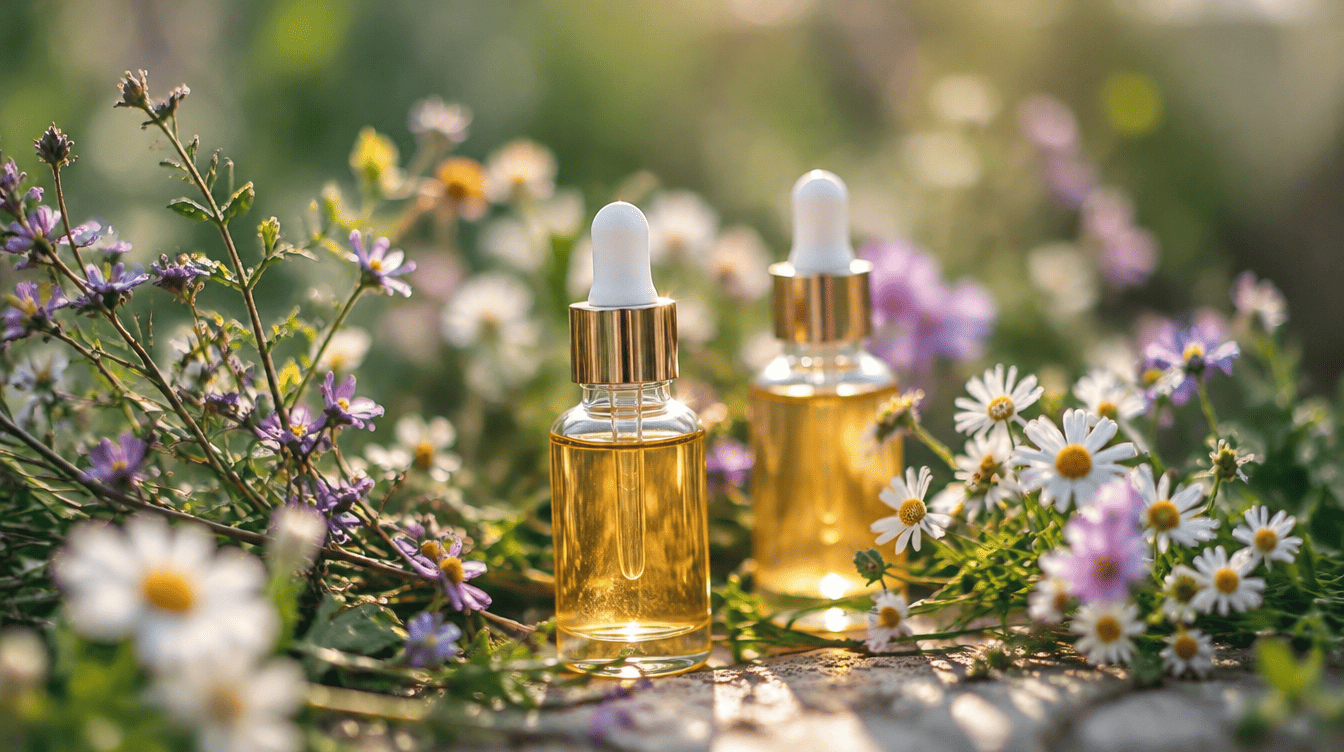 Pequenos frascos conta-gotas de florais de Bach rodeados de flores silvestres num fundo escuro com luz dourada