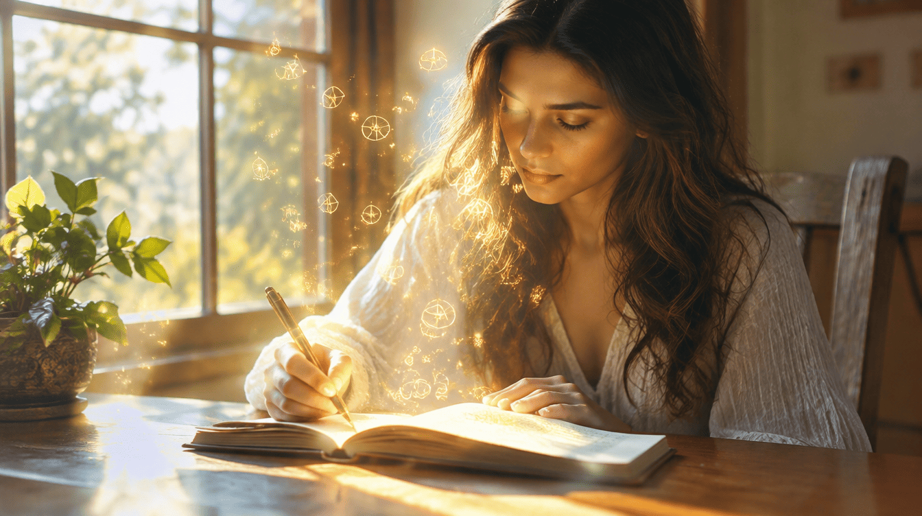 Pessoa a escrever num caderno � luz de uma vela, registando sonhos e intui��es