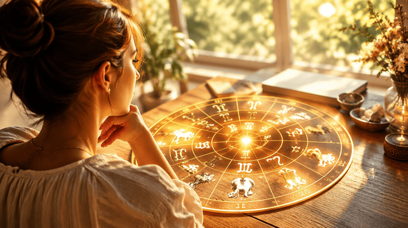 Pessoa a observar um mapa astral completo com as doze casas iluminadas, simbolizando compreens�o profunda da pr�pria vida