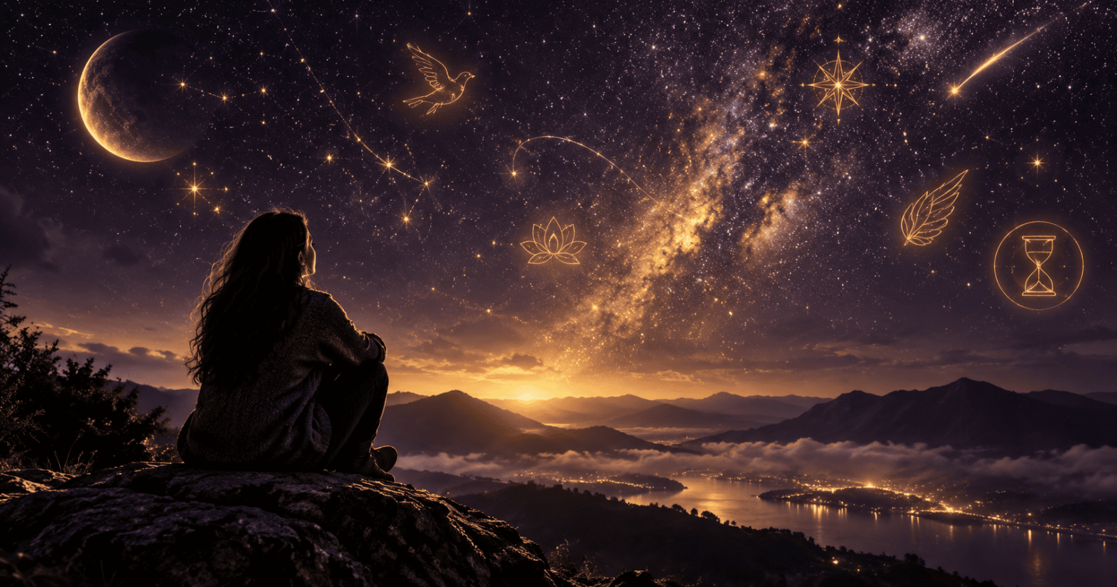 Pessoa a olhar para o c�u noturno com s�mbolos de sonhos, sincronicidades e sinais intuitivos em luz dourada ao seu redor