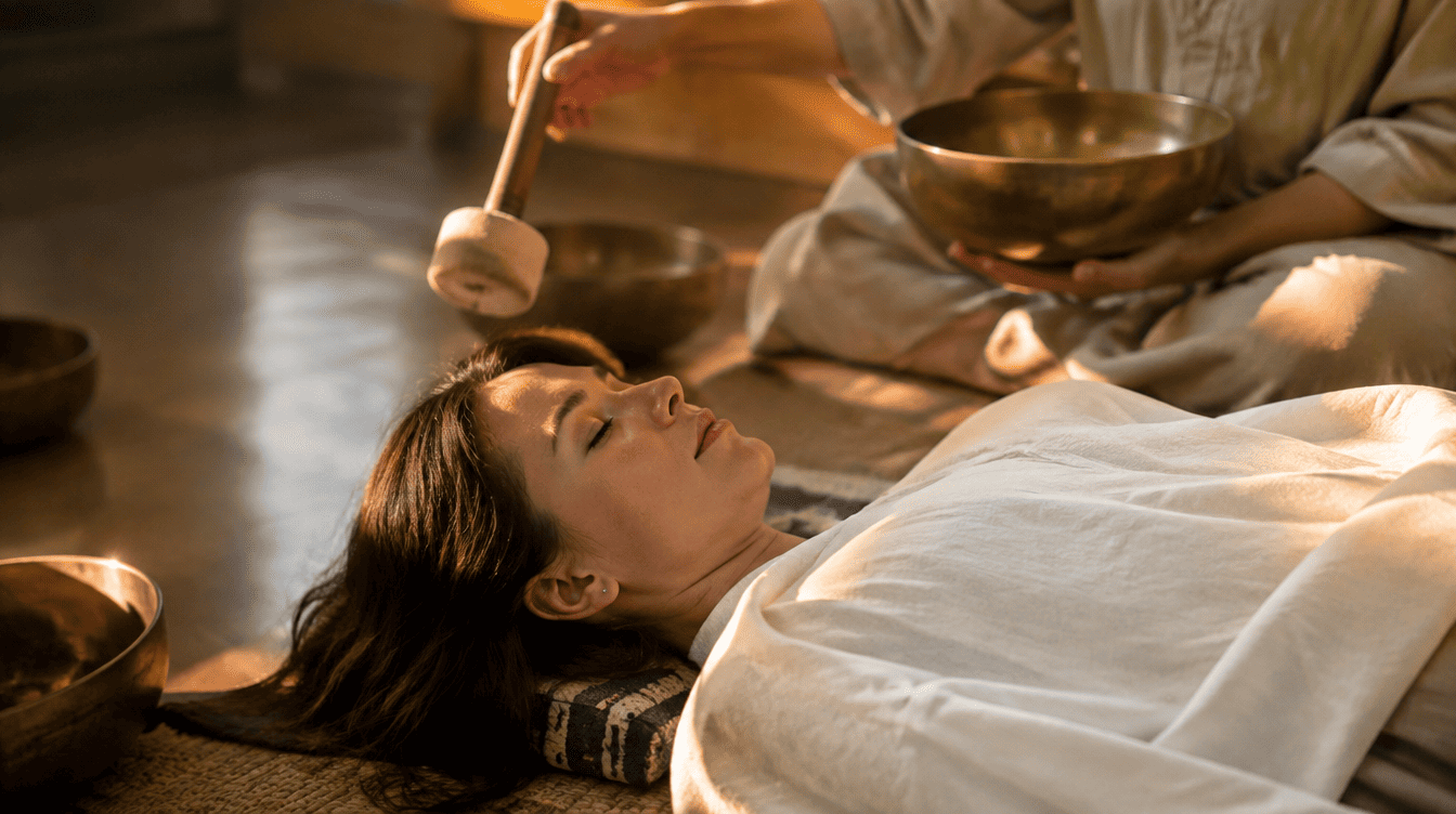 Pessoa deitada em relaxamento profundo enquanto uma terapeuta toca ta�as tibetanas � sua volta