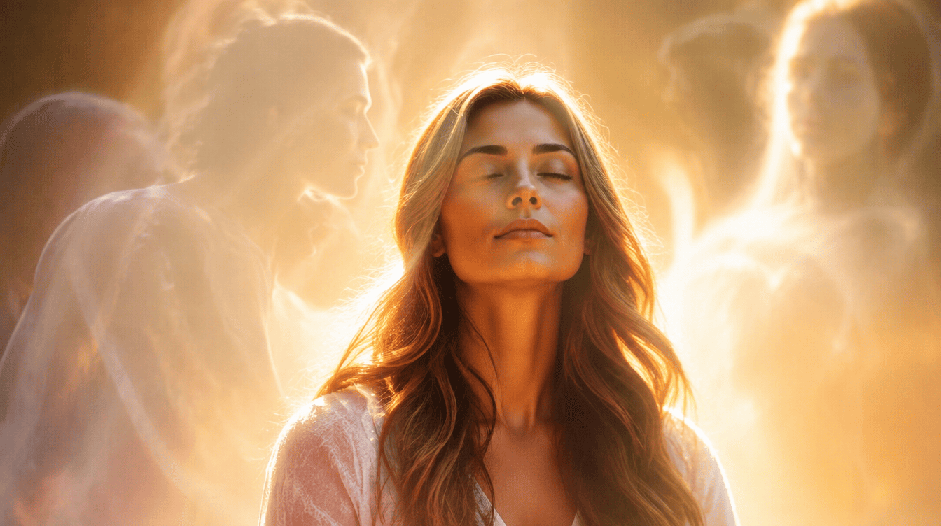 Pessoa em estado contemplativo rodeada de luz suave, simbolizando a mediunidade e a comunicação espiritual