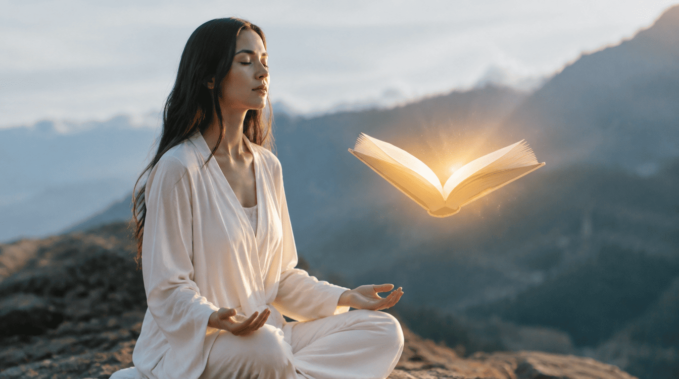 Pessoa em medita��o profunda com um livro de luz aberto � sua frente, simbolizando o acesso aos registos ak�shicos