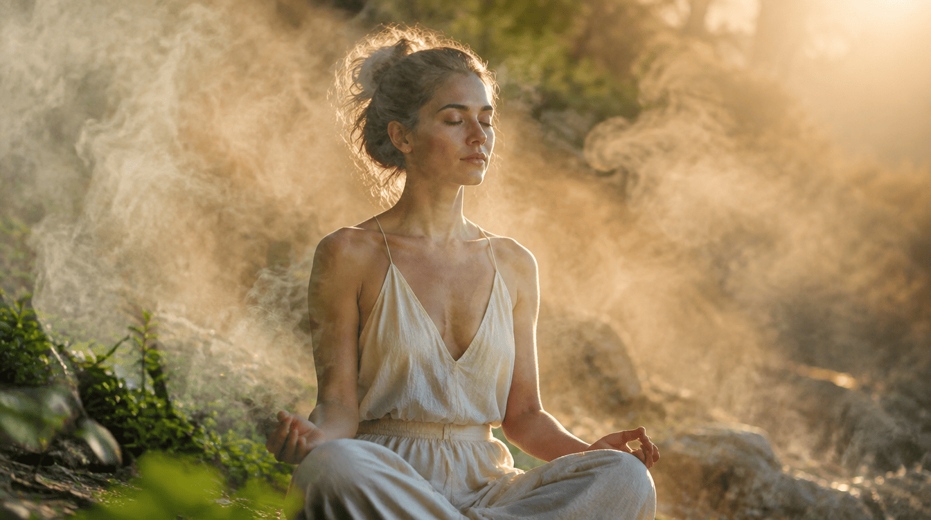Pessoa em medita��o serena com vapor arom�tico suave e luz dourada a atravessar os centros energ�ticos 