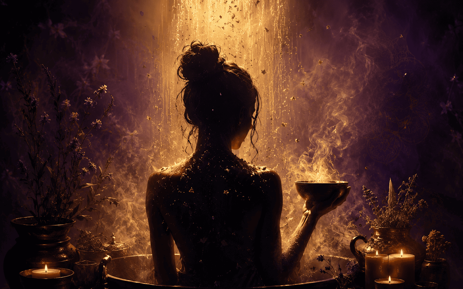 Pessoa em momento de banho de proteção espiritual, envolta em luz dourada suave, simbolizando limpeza e proteção energética