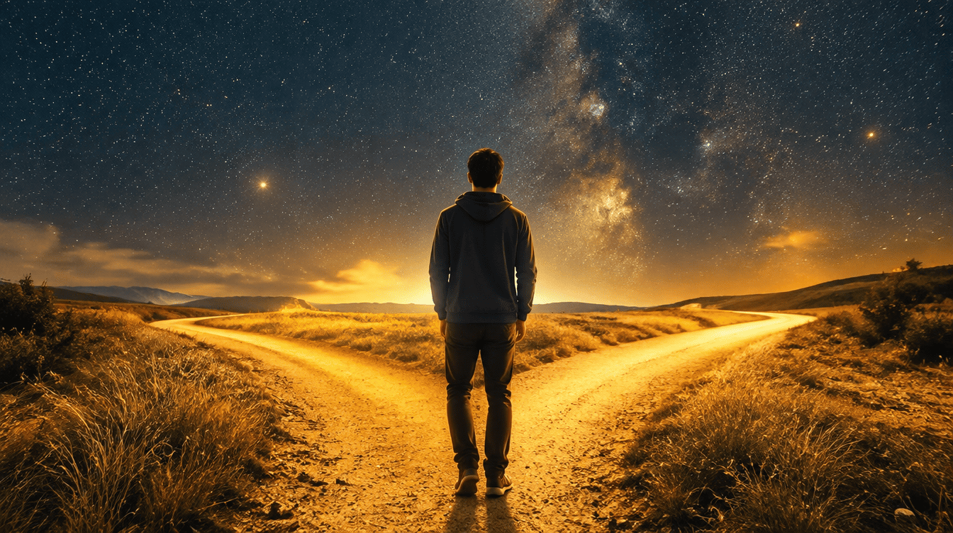 Pessoa numa encruzilhada de caminhos dourados, simbolizando as decisões de vida associadas ao retorno de Saturno