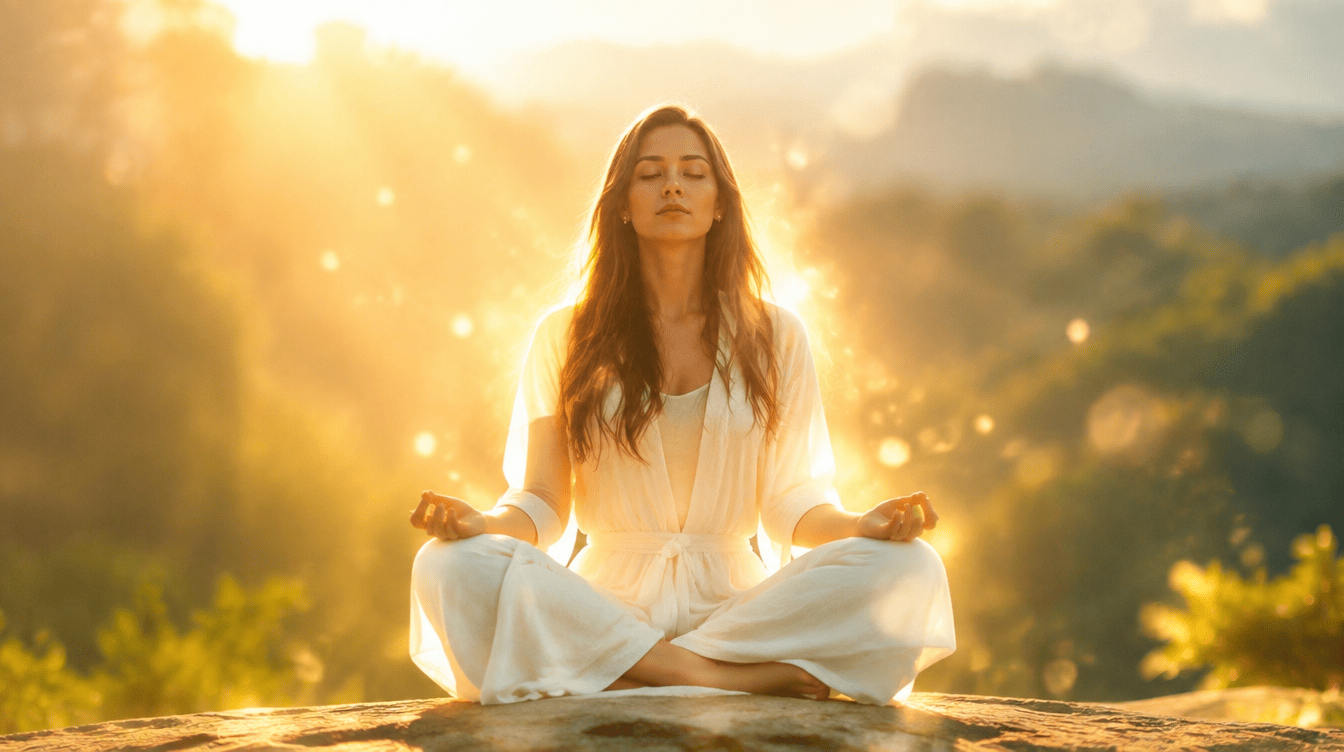 Pessoa serena a meditar rodeada de símbolos de proteção espiritual durante Mercúrio retrógrado