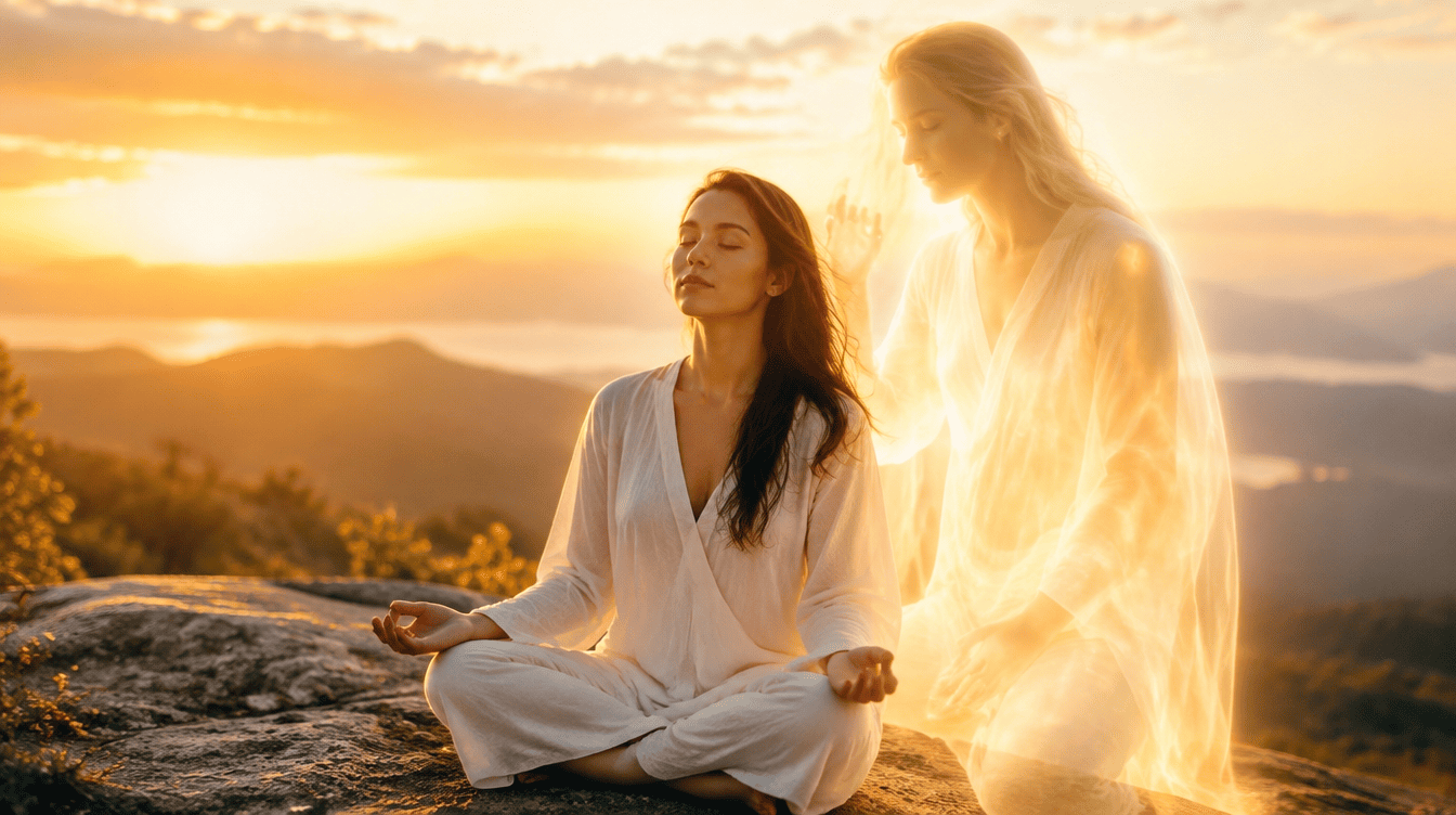 Pessoa serena em meditação com uma presença luminosa protetora ao seu lado