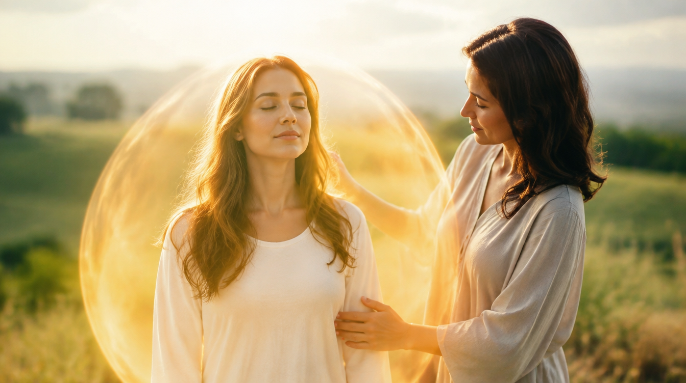 Pessoa serena envolvida por uma esfera de luz dourada protetora, com a terapeuta ao lado