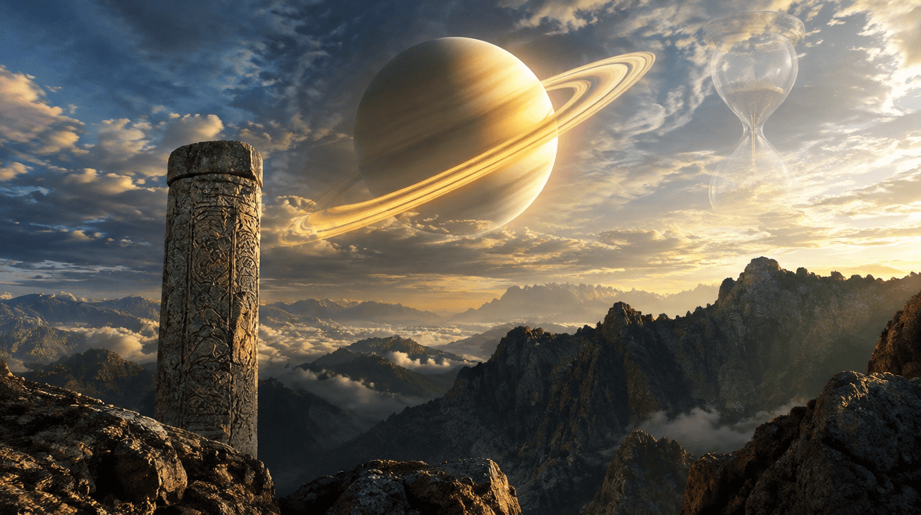 Planeta Saturno com os seus anéis dourados sobre uma paisagem de montanhas e pedra, simbolizando estrutura e lições de vida