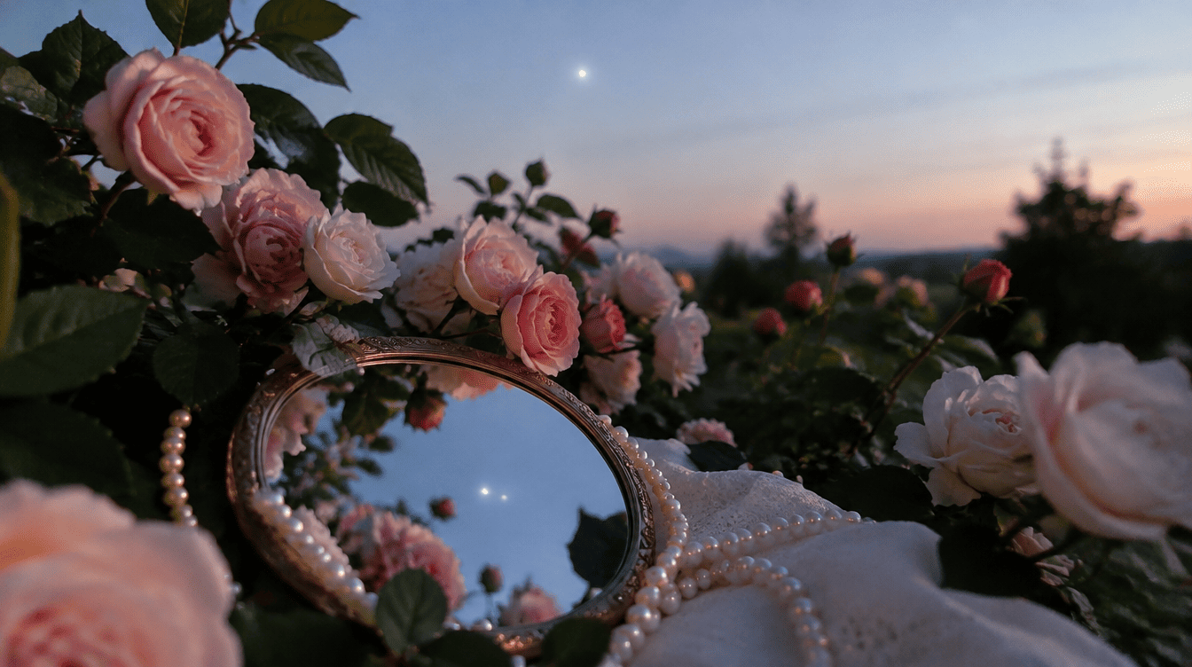 Planeta Vénus brilhante no céu do entardecer sobre um jardim com rosas, simbolizando amor, beleza e valores