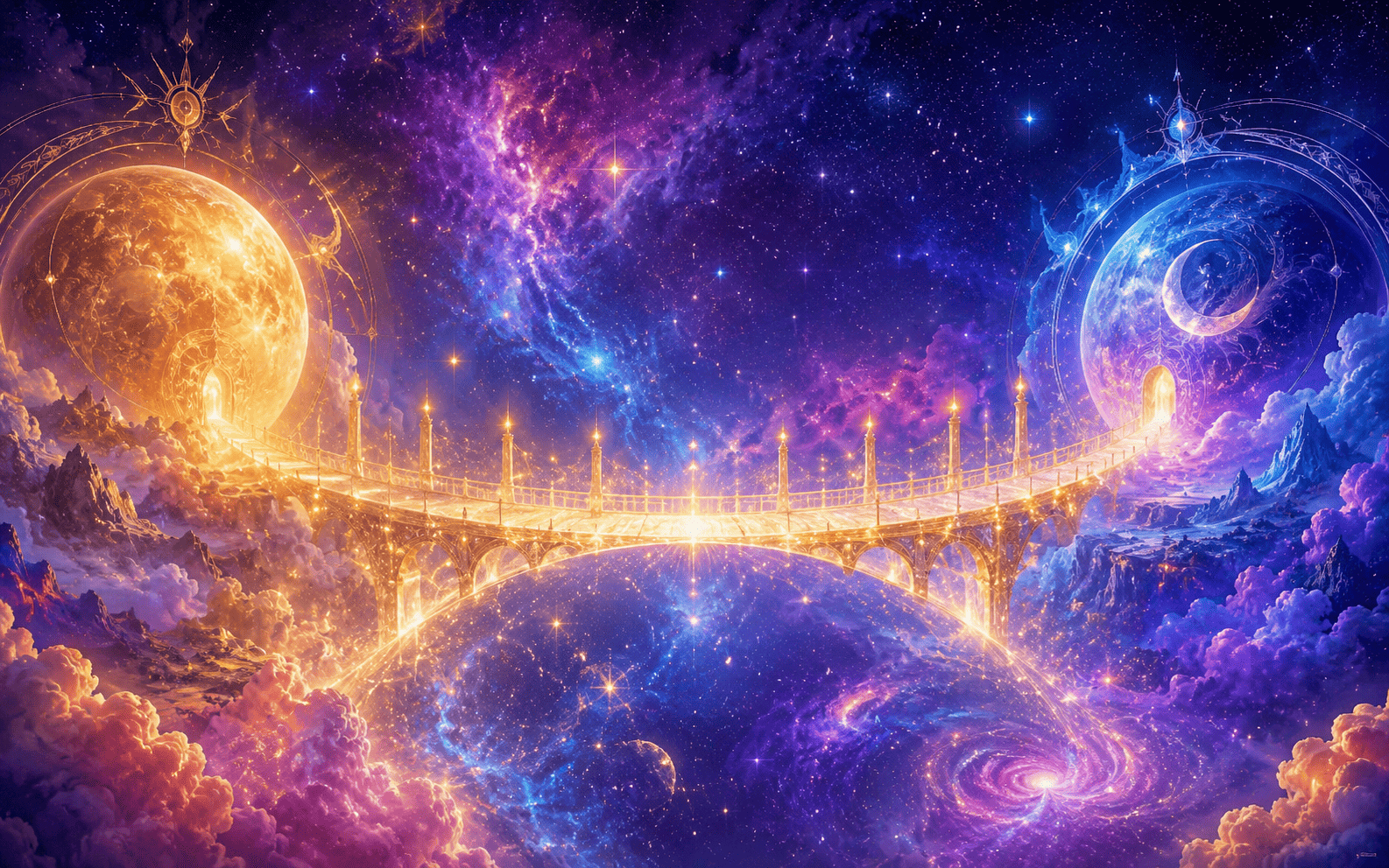 Ponte de luz dourada entre Saturno e Urano representando a posição orbital simbólica de Quíron