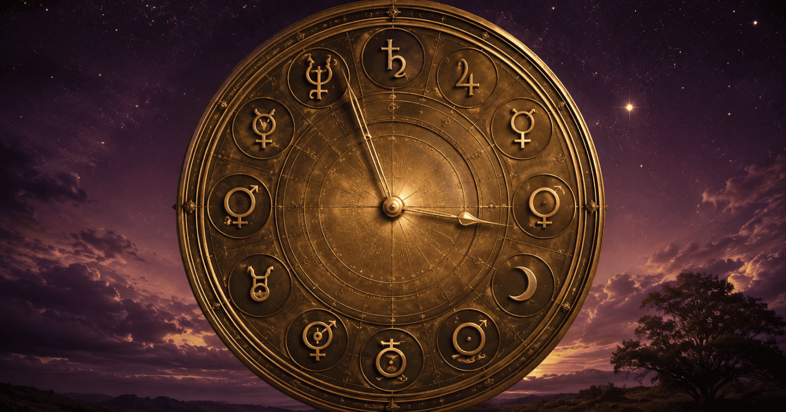 Rel�gio astral dourado com s�mbolos planet�rios, simbolizando a astrologia hor�ria e o momento da pergunta