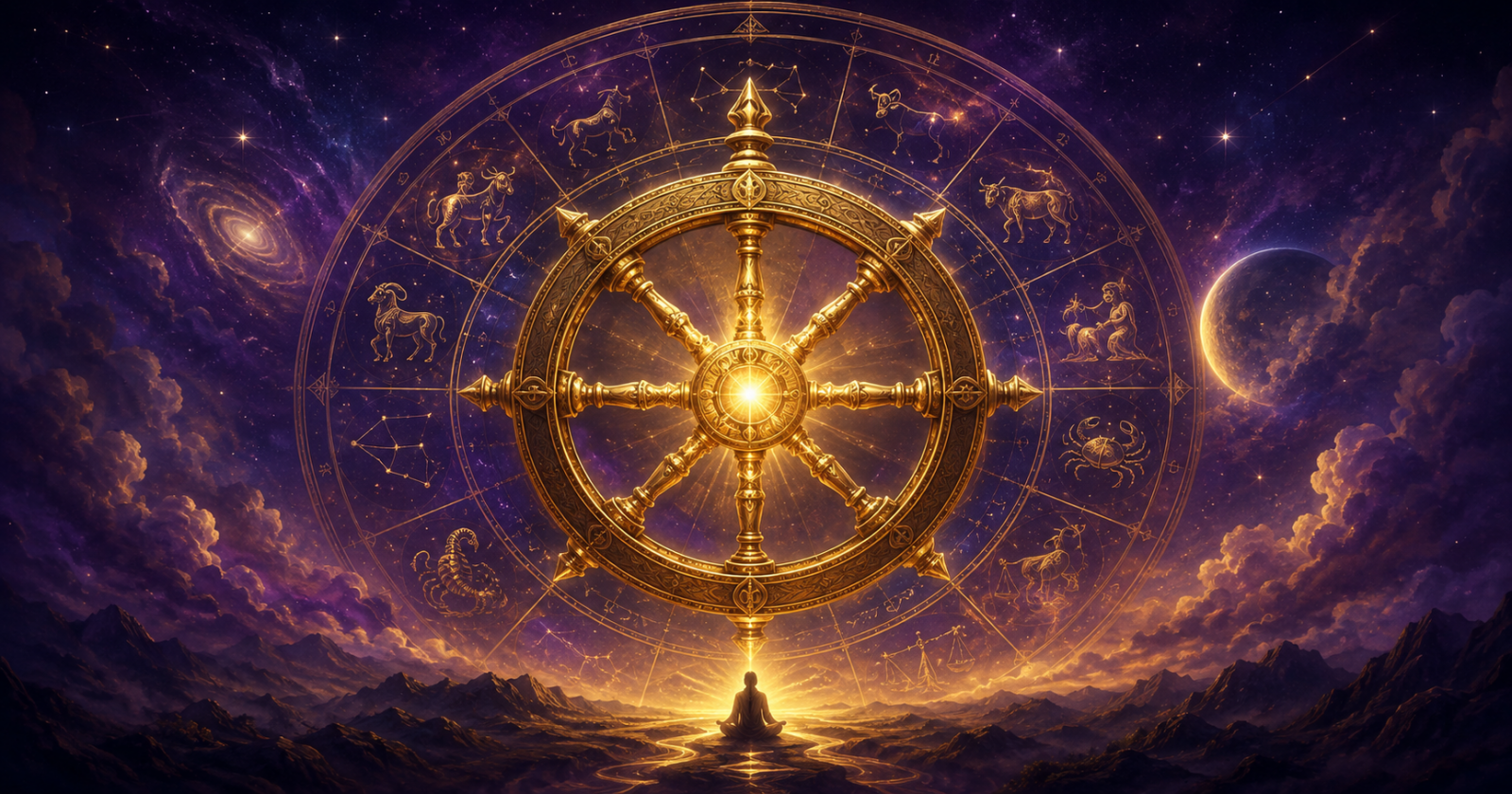 Roda dourada girando sobre um mapa astral, simbolizando a Parte da Fortuna e o seu significado de propósito