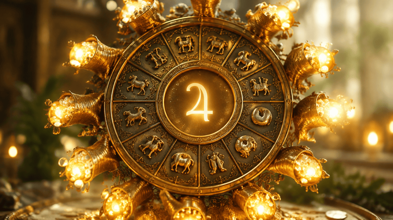 Roda zodiacal com doze pequenas cornucópias douradas e o símbolo de Júpiter ao centro