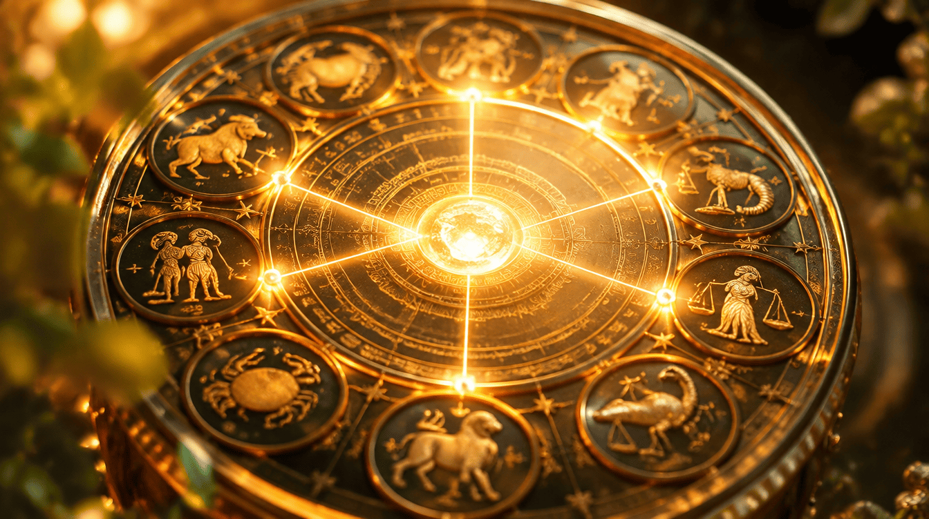 Roda zodiacal com seis eixos dourados a ligar signos opostos, simbolizando os eixos nodais